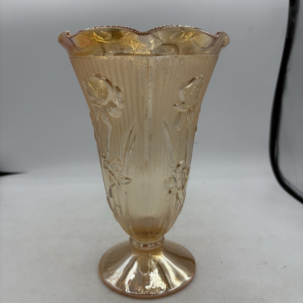 Jeannette Glass Flower Vase Marigold Amber Carnival Iris Herringbone Iridescent